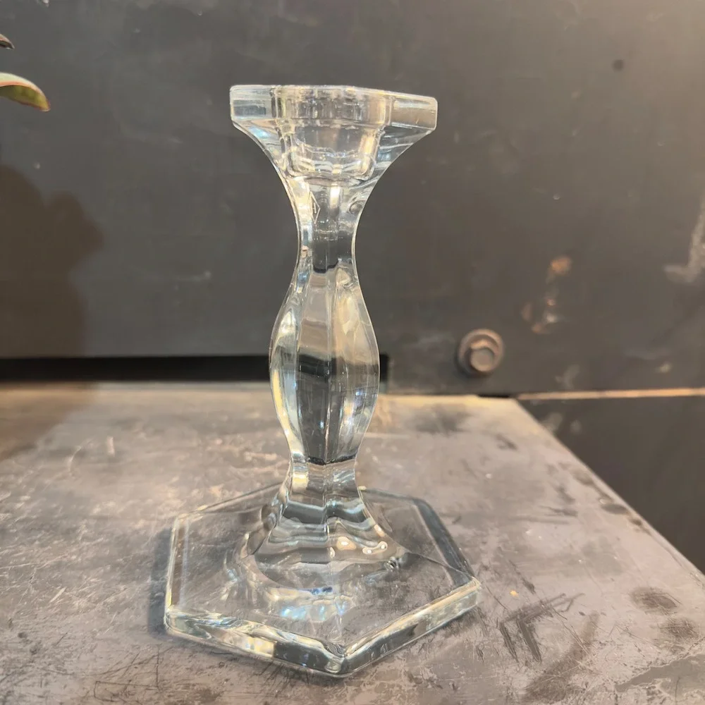 Clear Crystal Taper Candle Holder Hexagon Base Faceted Stem Elegant Table Decor‎